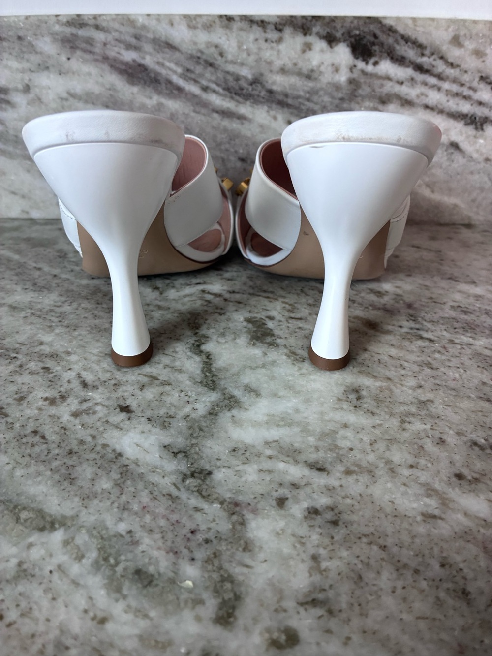 Moschino White Leather Crystal Logo Heel Slides - Picture 6 of 8